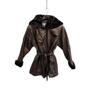 Wilsons Leather‎ Black Genuine Leather Faux Fur Hooded Coat L Vintage Y2K